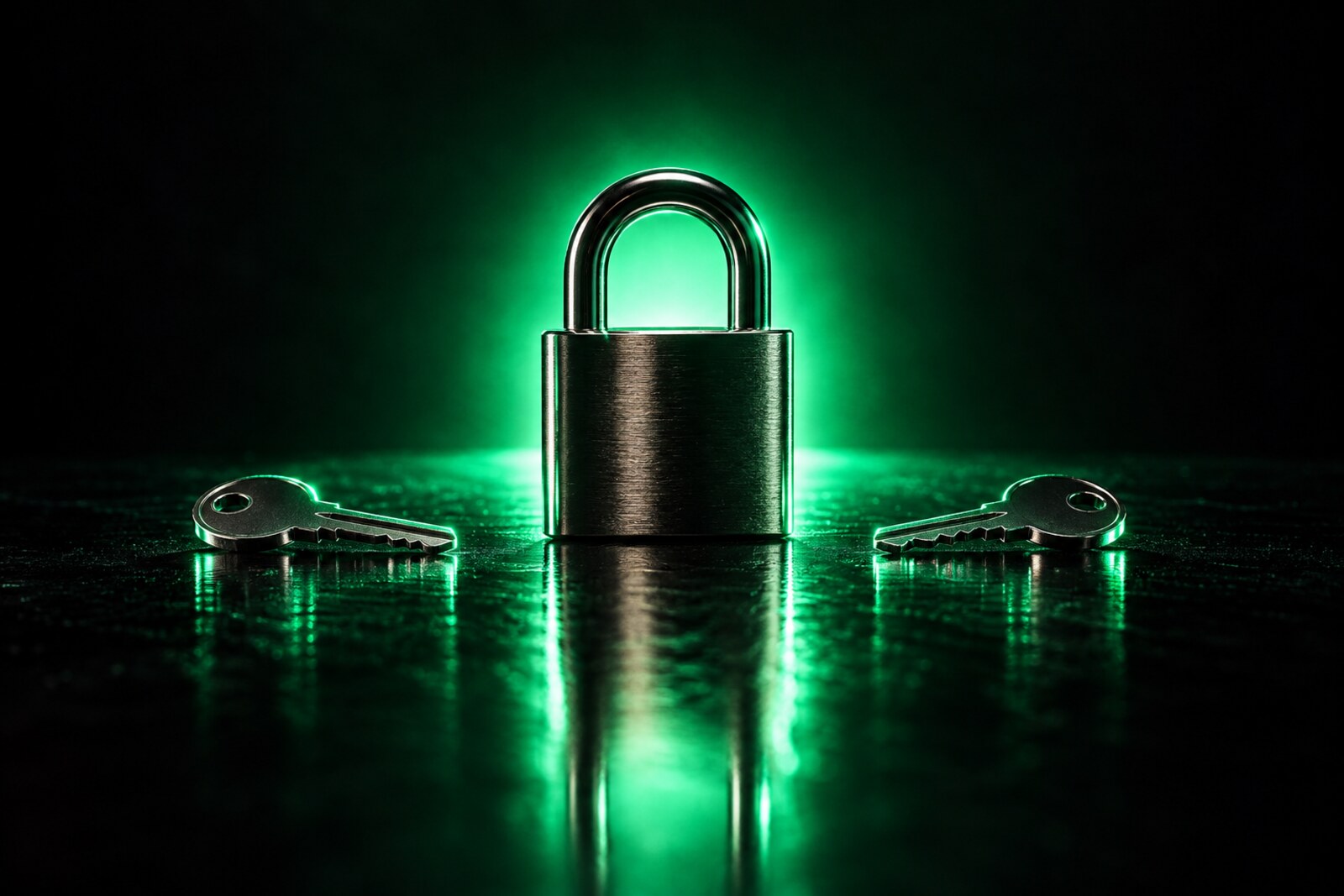 A steel padlock backlit in green, a key lying on each side